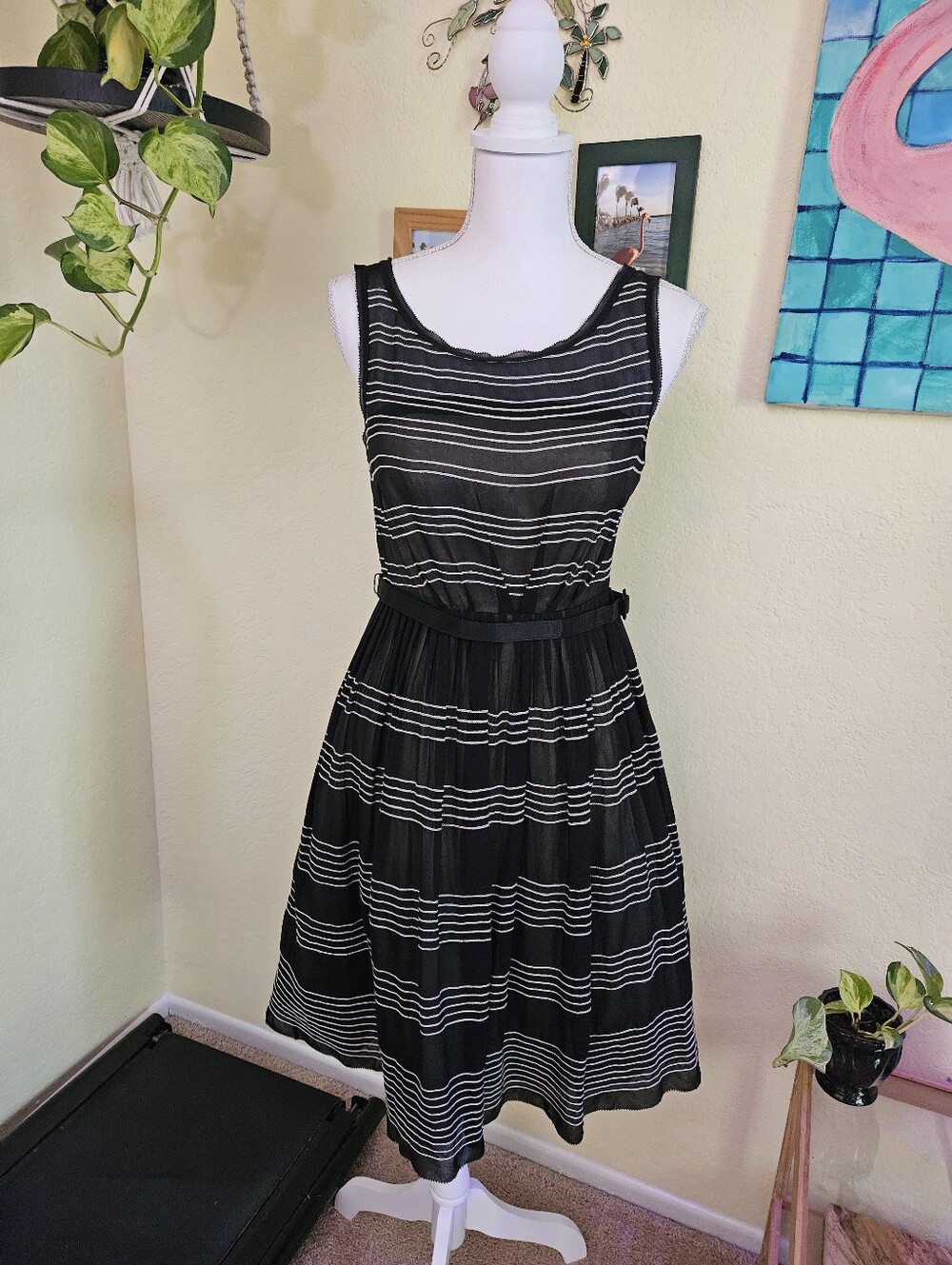 Hitherto Silk Fit and Flared layered Black and gray Stripe A line dress Sz 2